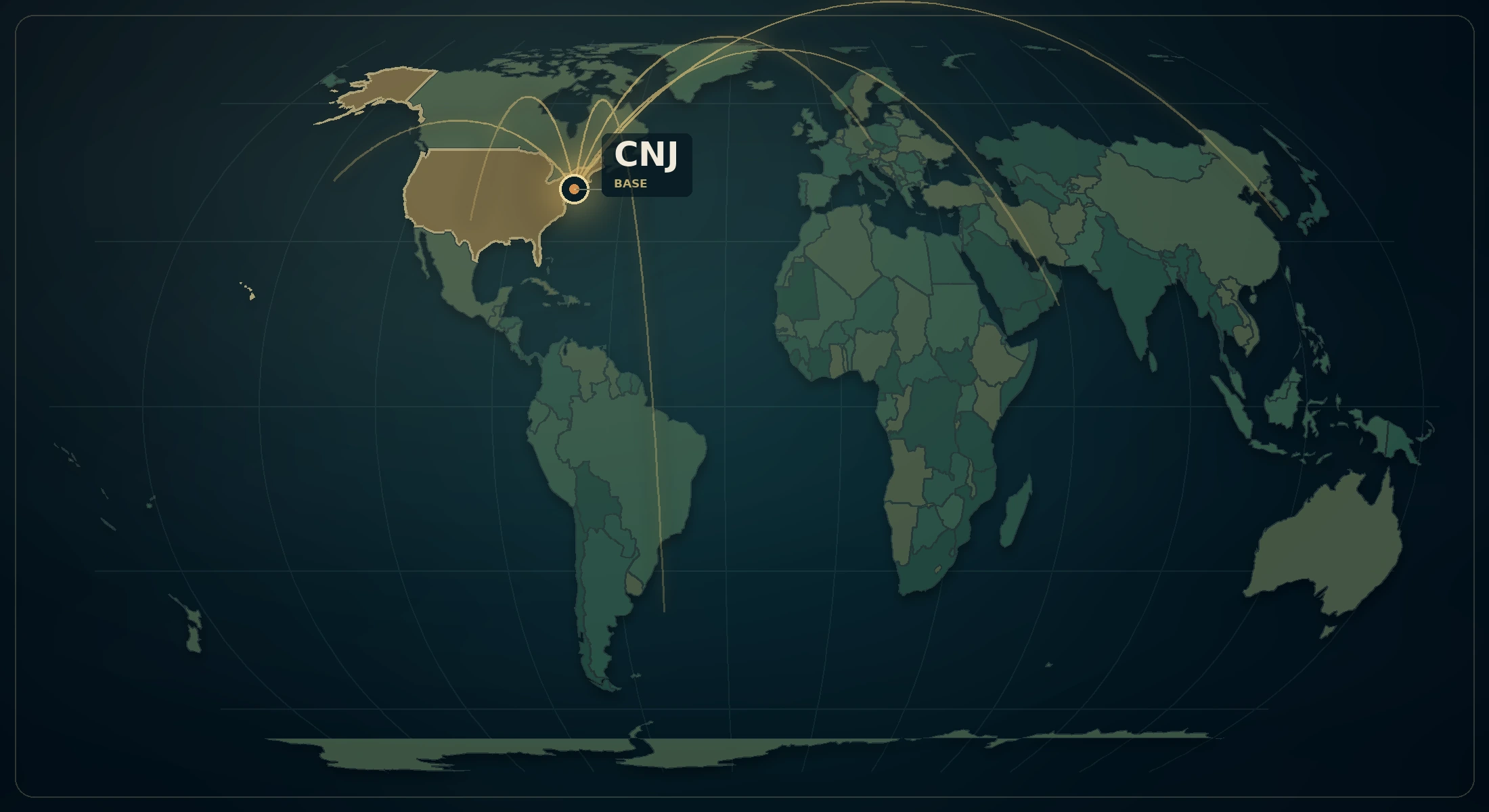 Global engagement map showing Central New Jersey as the base for select U.S. and international programs.