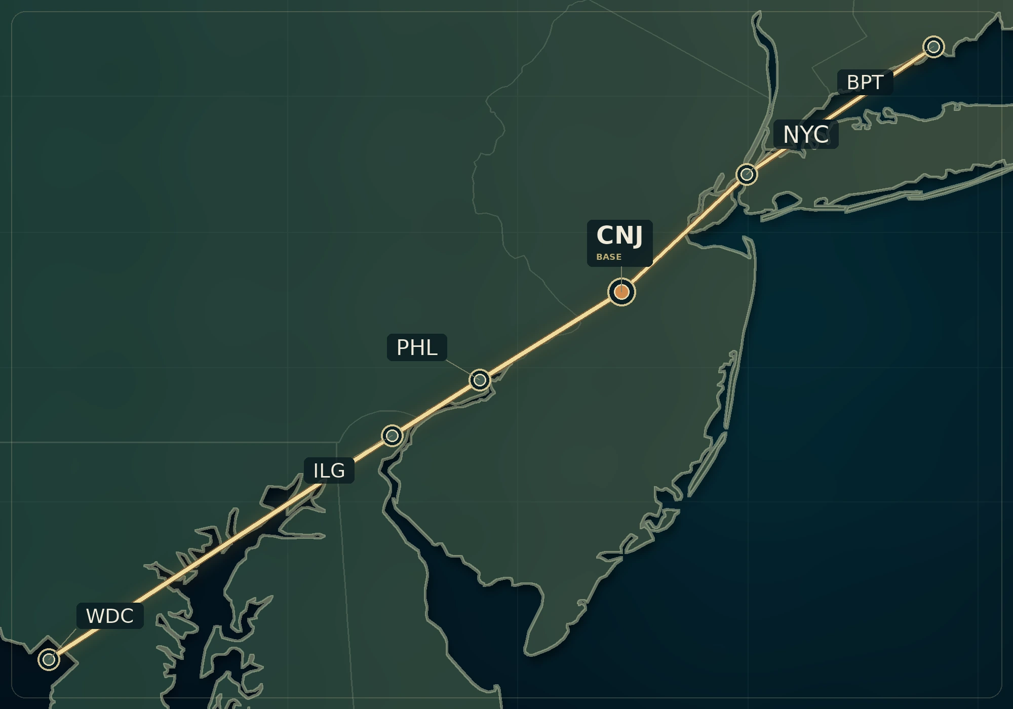 Editorial corridor map showing Washington, DC, Wilmington, Philadelphia, Central New Jersey, New York City, and Bridgeport.